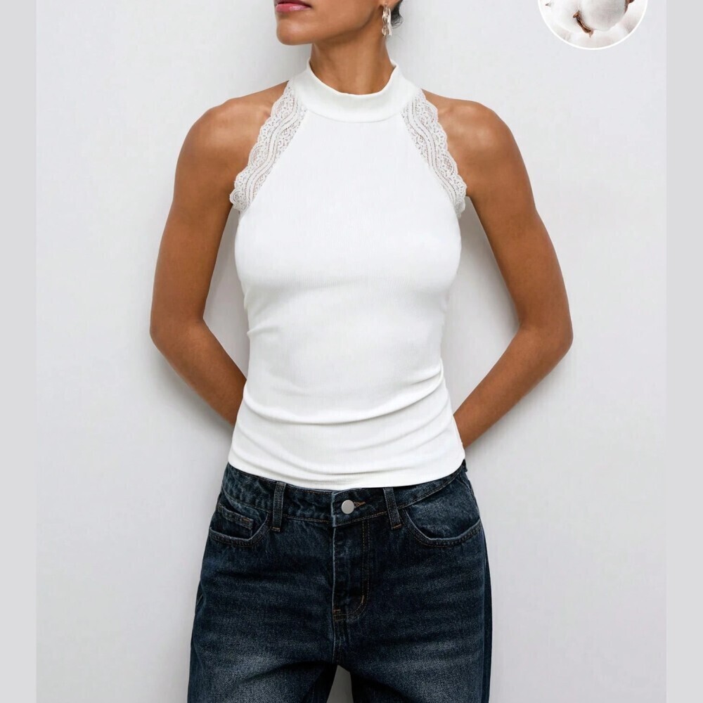 White Ribbed Knit Lace Trim Halter Neck Slim Fit Tank Top